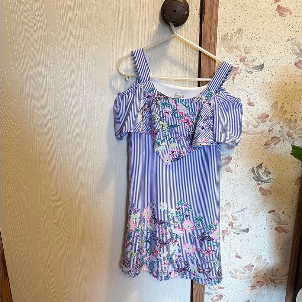 Wonder Nation Blue and White Striped Dress with Floral Design
